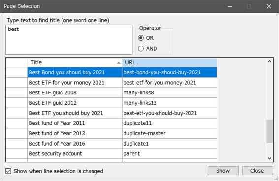 page selection dialog